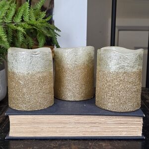 Gold Glitter LED Pillar Candle Set of 3
